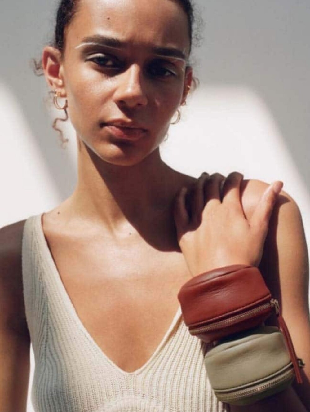Zara Wristlet Beige Leather Zip Pouch
